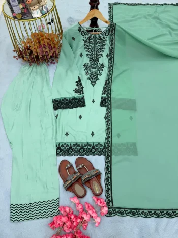 RICH LOOK RAYON COTTON EMBROIDERY THREAD WORK TOP PATIYALA WITH DUPATTA RAMA