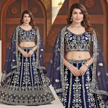 FASHIONABLE NET EMBROIDERY SEQUENCE DESIGN WORK LEHENGA CHOLI WITH DUPATTA BLUE