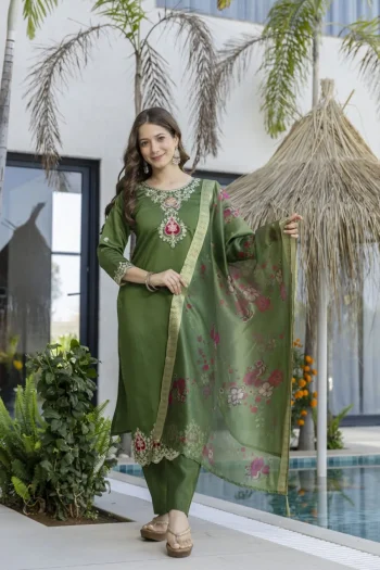 MODERN TABBY SILK EMBROIDERY WORK TOP BOTTOM WITH DUPATTA GREEN