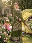 22DESIGNER GEORGETTE EMBROIDERY SEQUENCE WITH RIVET MOTI WORK TOP PALAZZO WITH DUPATTA FESTIVE WEAR WHOLESALE PRICE ETHNIC GARMENT (2)