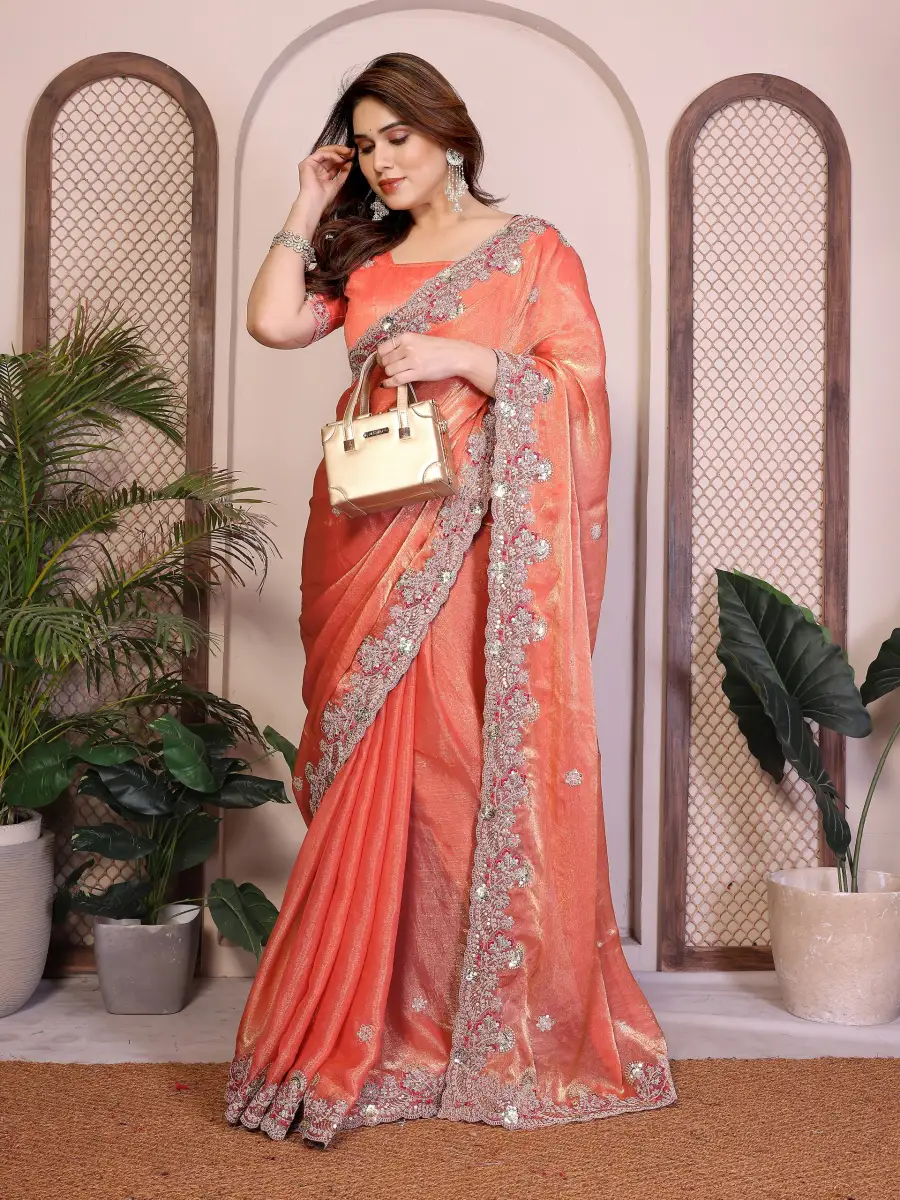 22NEW ARRIVAL CHIFFON SILK EMBROIDERY WITH PIPING BORDER WORK SAREE WITH UNSTITCHED BLOUSE WEDDING WEAR WHOLESALE PRICE ETHNIC GARMENT (13)