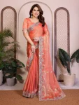 NEW ARRIVAL CHIFFON SILK EMBROIDERY WITH PIPING BORDER WORK SAREE WITH UNSTITCHED BLOUSE PEACH