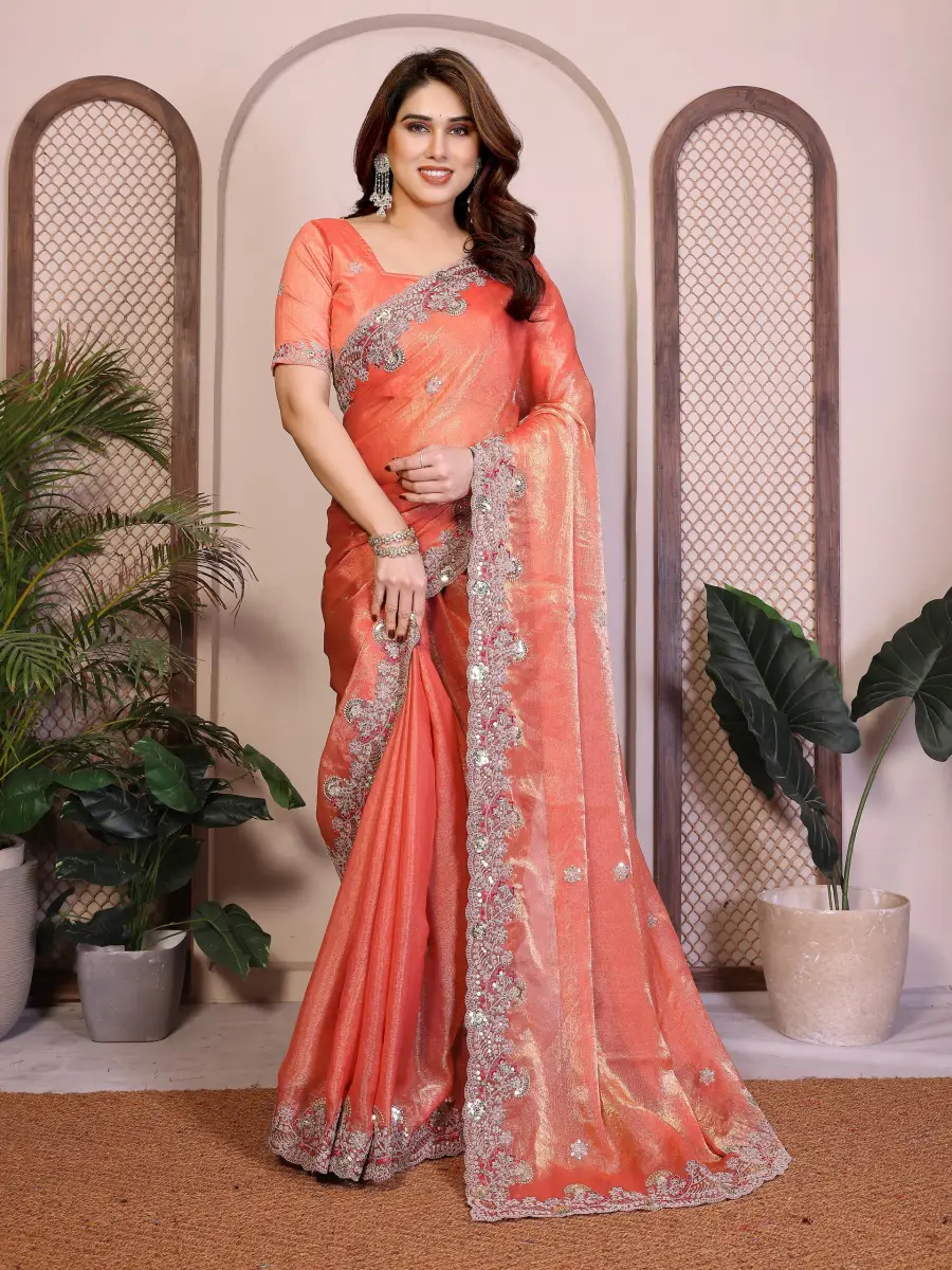 22NEW ARRIVAL CHIFFON SILK EMBROIDERY WITH PIPING BORDER WORK SAREE WITH UNSTITCHED BLOUSE WEDDING WEAR WHOLESALE PRICE ETHNIC GARMENT (15)