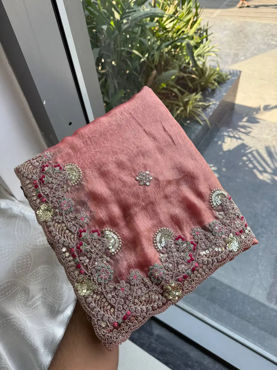 22NEW ARRIVAL CHIFFON SILK EMBROIDERY WITH PIPING BORDER WORK SAREE WITH UNSTITCHED BLOUSE WEDDING WEAR WHOLESALE PRICE ETHNIC GARMENT (16)