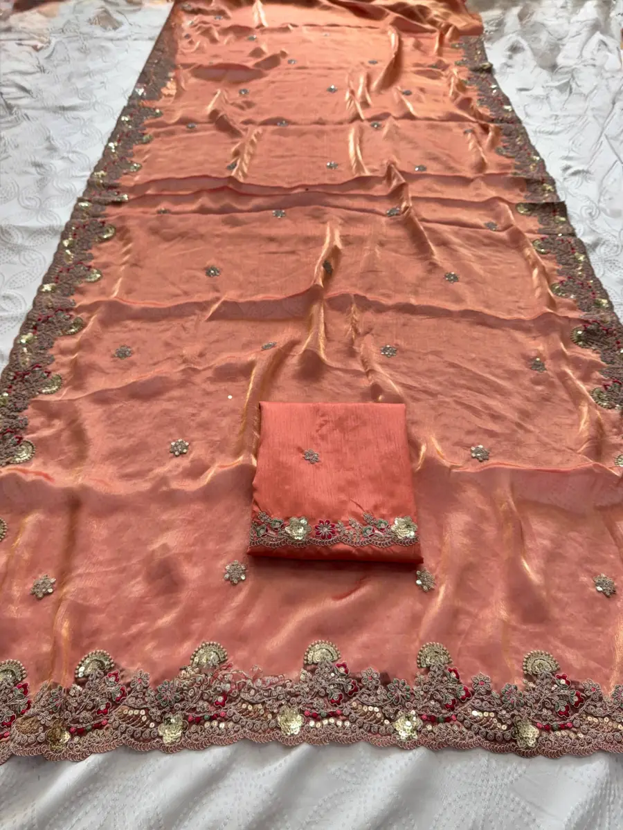 22NEW ARRIVAL CHIFFON SILK EMBROIDERY WITH PIPING BORDER WORK SAREE WITH UNSTITCHED BLOUSE WEDDING WEAR WHOLESALE PRICE ETHNIC GARMENT (17)