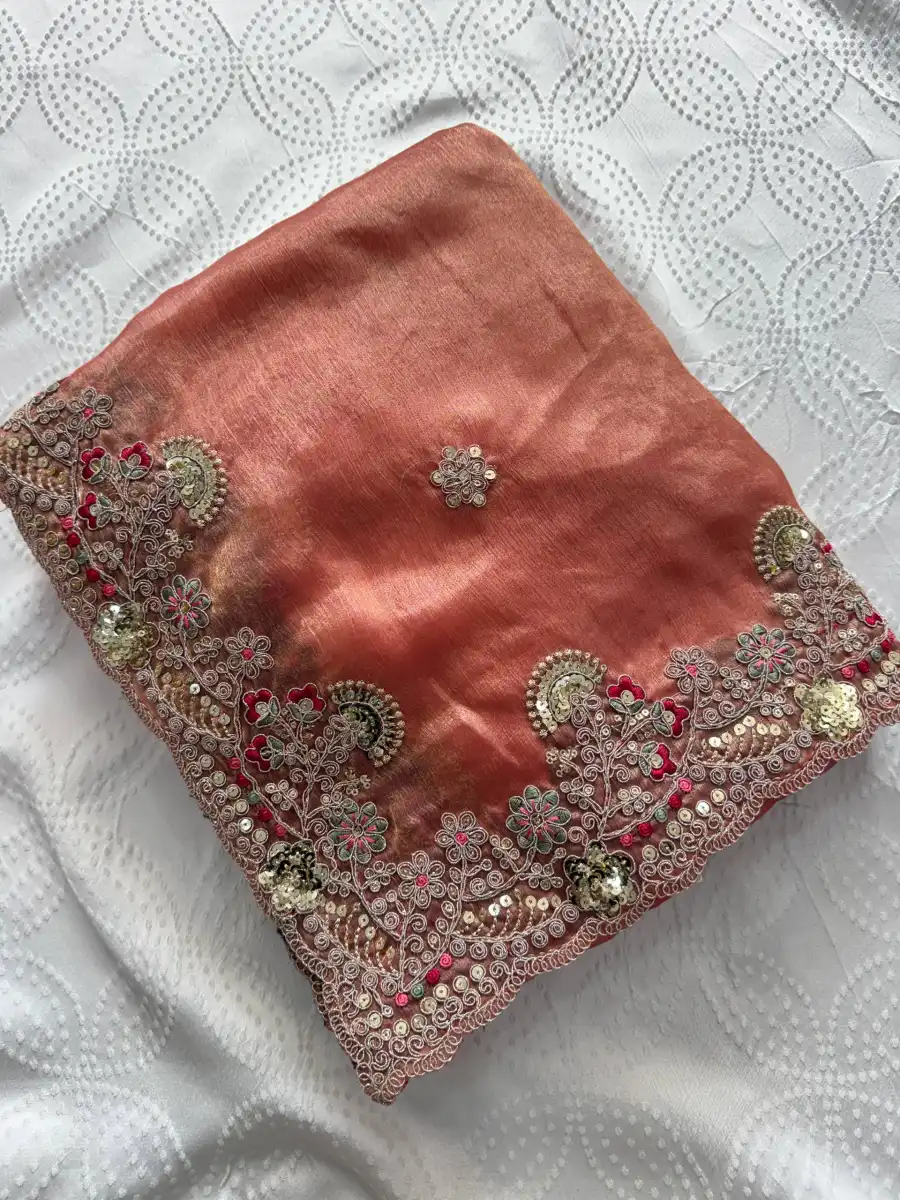 22NEW ARRIVAL CHIFFON SILK EMBROIDERY WITH PIPING BORDER WORK SAREE WITH UNSTITCHED BLOUSE WEDDING WEAR WHOLESALE PRICE ETHNIC GARMENT (18)