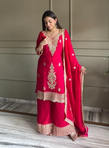 RICH LOOK FENDY SATIN EMBROIDERY  WORK WITH LACE BORDER WORK TOP PALAZZO WITH DUPATTA RANI