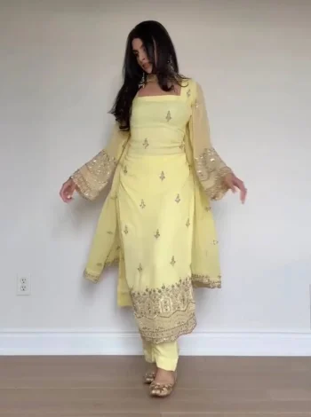 RICH LOOK GEORGETTE THREAD WITH SEQUENCE WORK TOP BOTTOM WITH DUPATTA LIGHT YELLOW