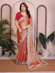 TRENDING CHIFFON SILK EMBROIDERY WITH PIPING BORDER WORK SAREE WITH UNSTITCHED BLOUSE PEACH