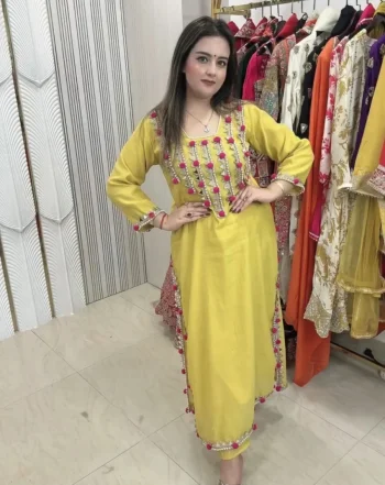 DESIGNER CHANDERI MIRROR AND LACE WITH PUM PUM WORK TOP PENT SET LEMON