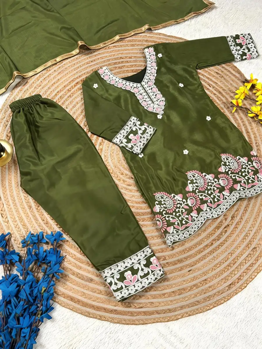 28MODERN CHINON SILK EMBROIDERY SEQUENCE WORK KID'S TOP BOTTOM WITH DUPATTA FESTIVE WEAR WHOLESALE PRICE ETHNIC GARMENT (14)