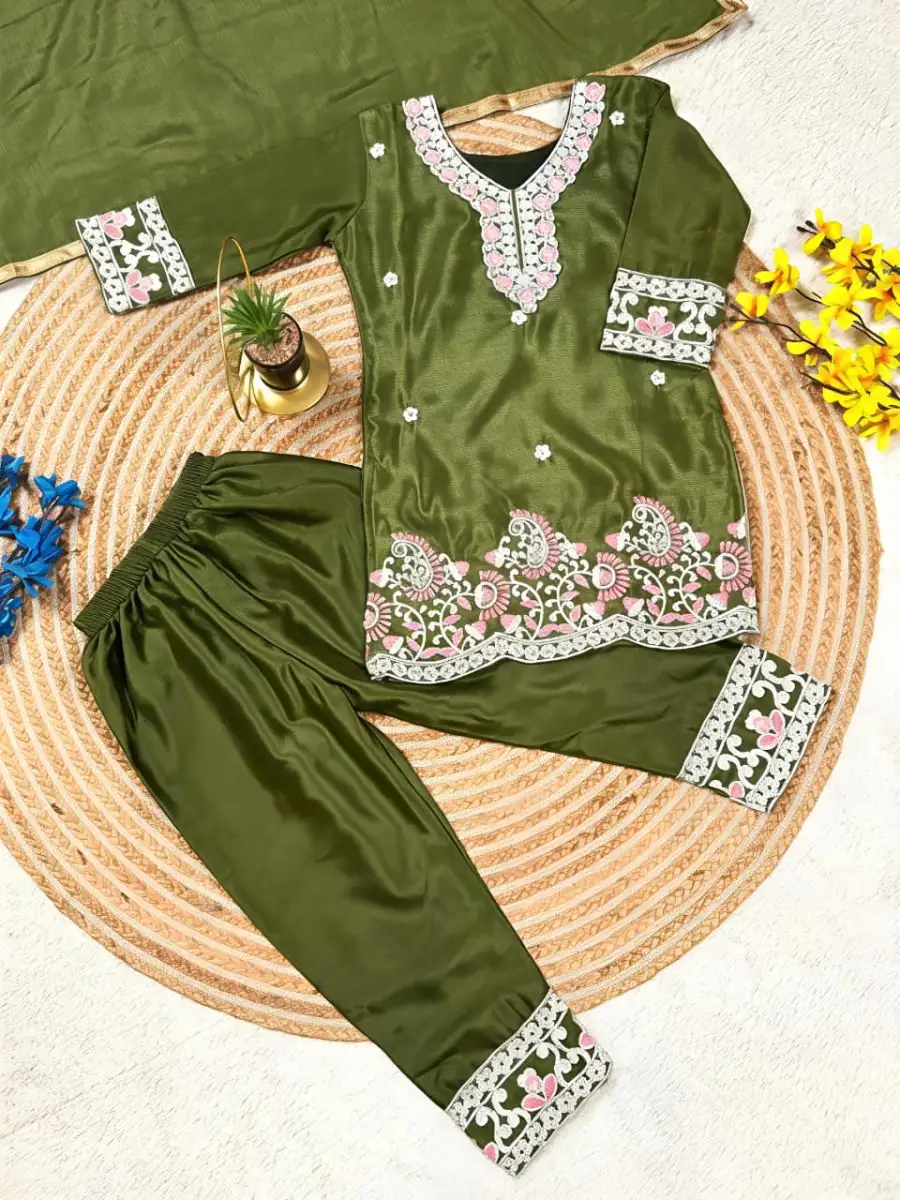 28MODERN CHINON SILK EMBROIDERY SEQUENCE WORK KID'S TOP BOTTOM WITH DUPATTA FESTIVE WEAR WHOLESALE PRICE ETHNIC GARMENT (16)