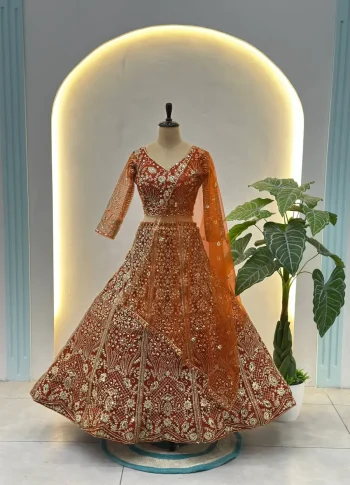 DESIGNER BUTTERFLY NET SEQUENCE AND CODING EMBROIDERY WORK LEHENGA CHOLI WITH DUPATTA ORANGE