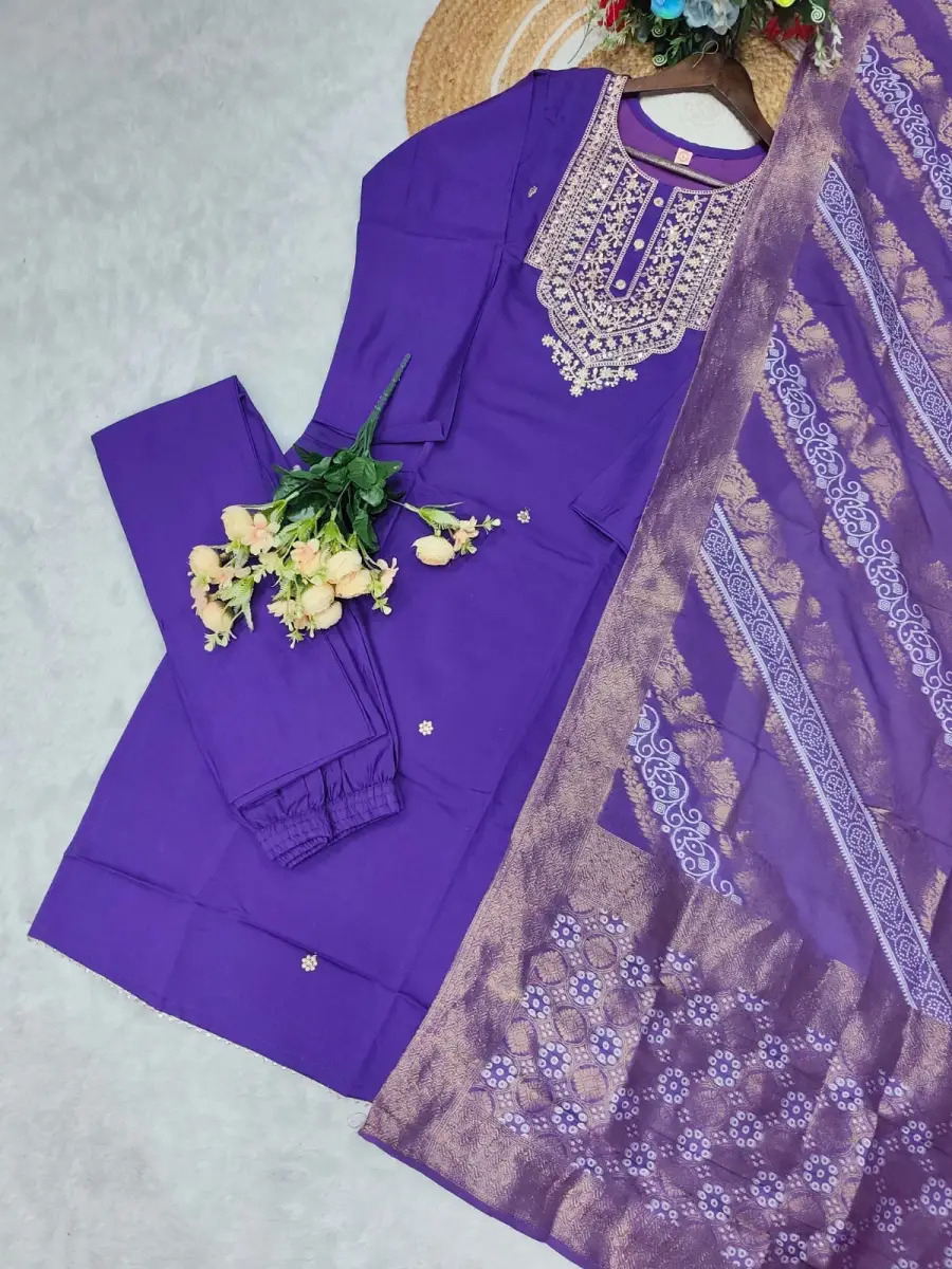 2DESIGNER CHANDERI COTTONEMBROIDERY WORK TOP BOTTOM WITH DUPATTA FESTIVE WEAR WHOLESALE PRICE ETHNIC GARMENT (1)