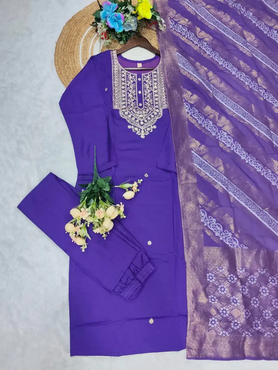 2DESIGNER CHANDERI COTTONEMBROIDERY WORK TOP BOTTOM WITH DUPATTA FESTIVE WEAR WHOLESALE PRICE ETHNIC GARMENT (5)