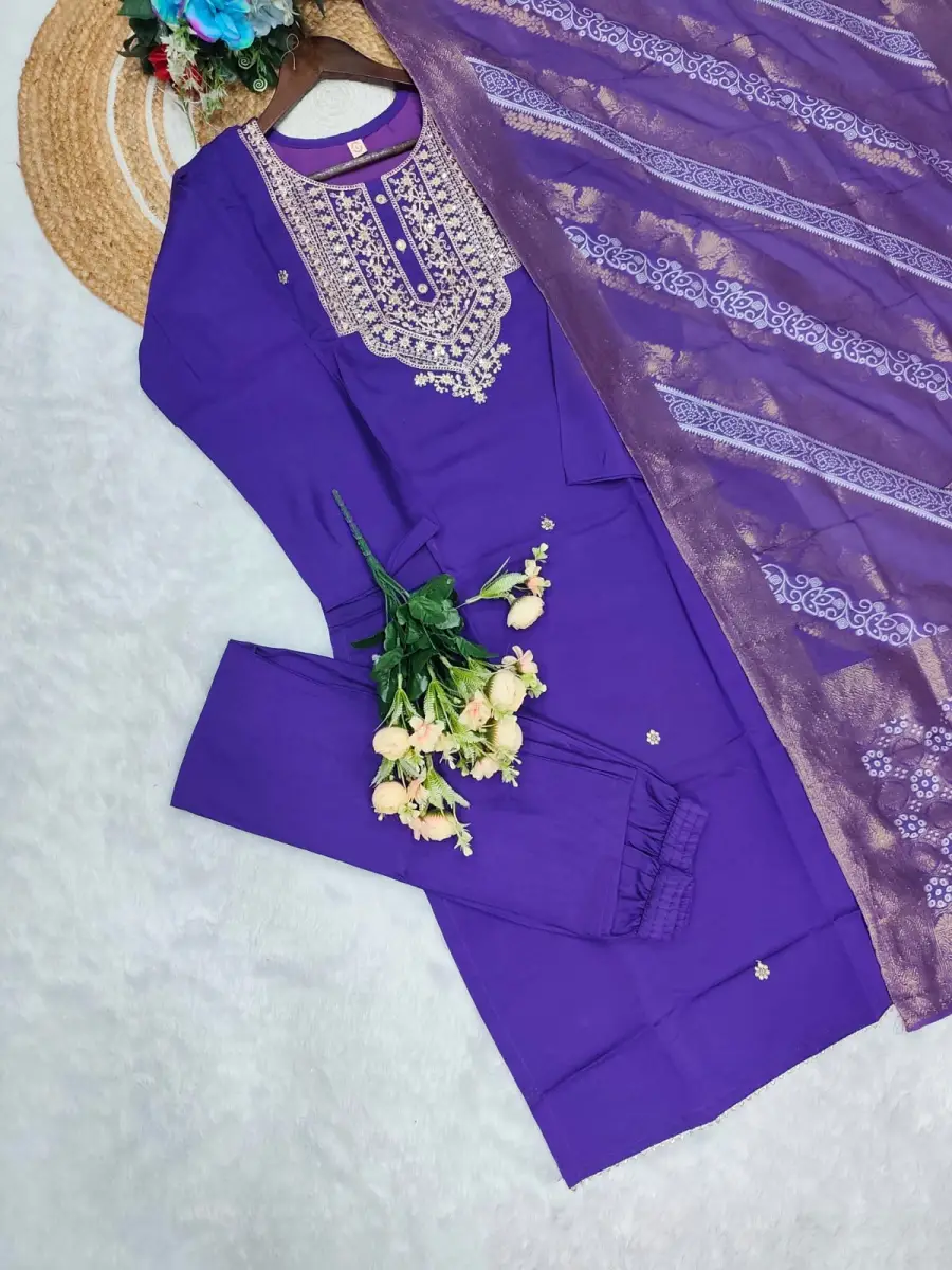 2DESIGNER CHANDERI COTTONEMBROIDERY WORK TOP BOTTOM WITH DUPATTA FESTIVE WEAR WHOLESALE PRICE ETHNIC GARMENT (6)