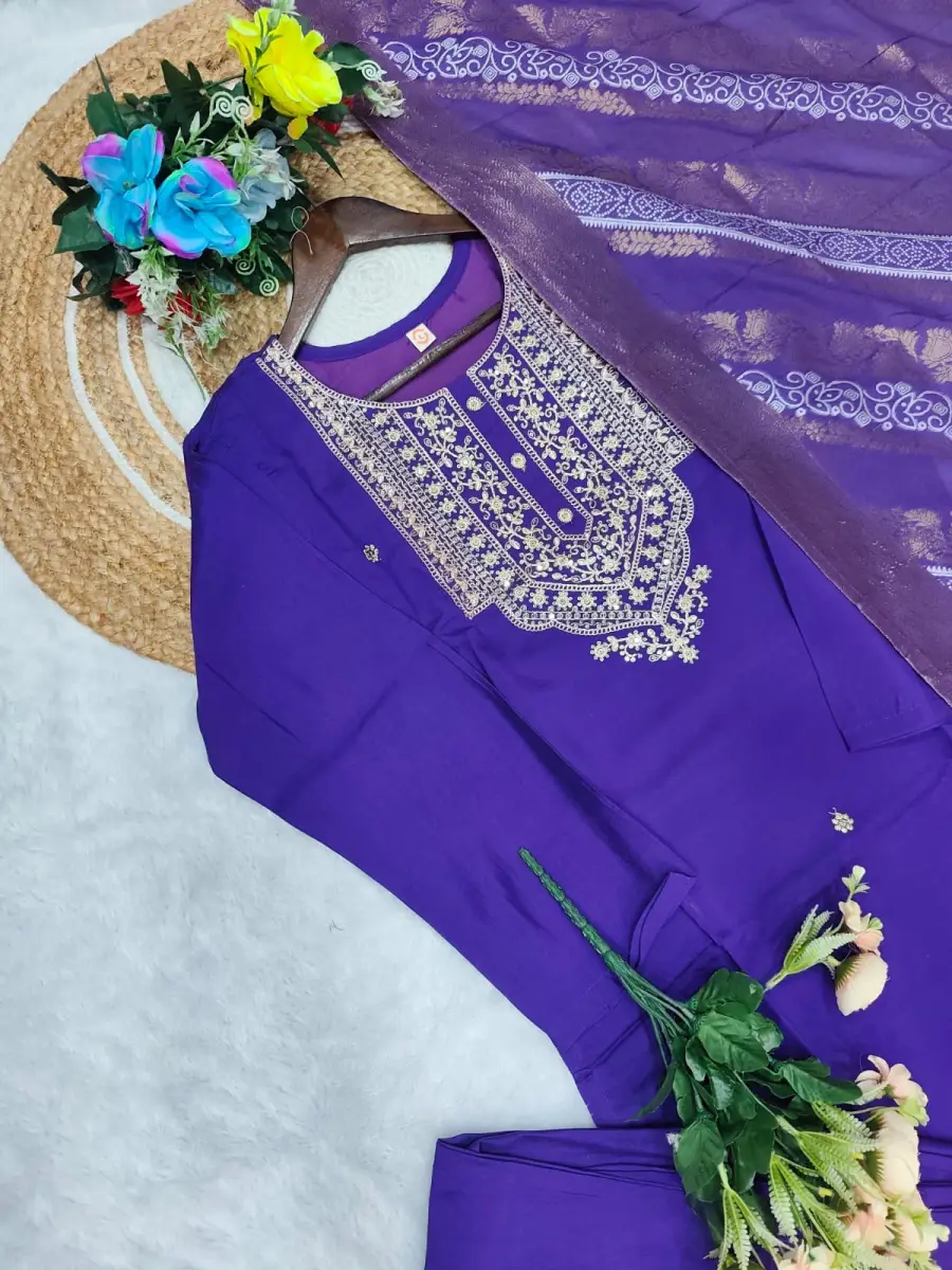2DESIGNER CHANDERI COTTONEMBROIDERY WORK TOP BOTTOM WITH DUPATTA FESTIVE WEAR WHOLESALE PRICE ETHNIC GARMENT (7)