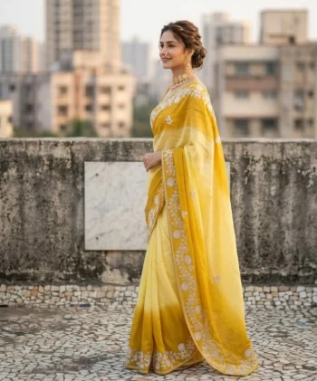 DESIGNER CHINON SILK CONTRAST PALLU ZARI THREAD  AND SEQUENCE WORK SAREE WITH UNSTITCHED BLOUSE YELLOW