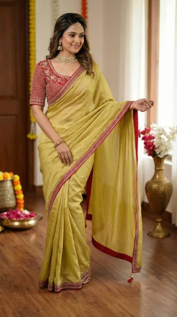DESIGNER CRUSH SILK HAND WORK FANCY LACE BORDER WORK SAREE WITH STITCHED BLOUSE YELLOW
