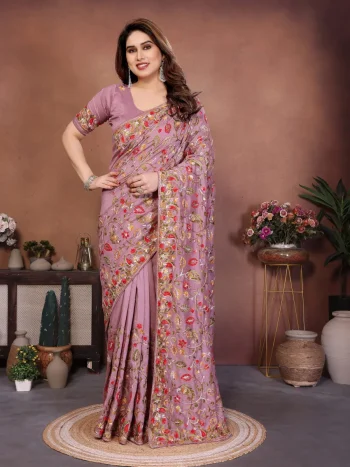 DESIGNER CRUSH SILK LUCKNOWI EMBROIDERY WORK SAREE WITH UNSTITCHED BLOUSE LAVENDER