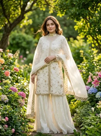 DESIGNER FENDY SILK EMBROIDERY SEQUENCE & CODING DORI WITH RIVET MOTI WORK TOP PALAZZO WITH DUPATTA WHITE