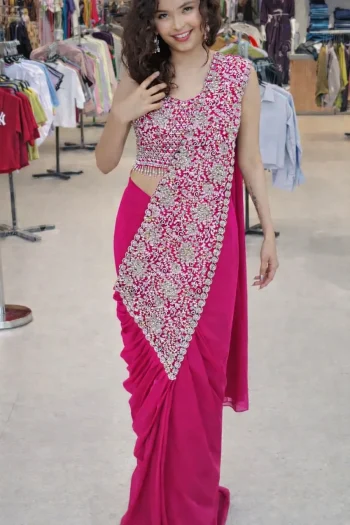 DESIGNER GEORGETTE EMBROIDERY SEQUENCE WORK READY TO WEAR SAREE WITH STITCHED BLOUSE  PINK