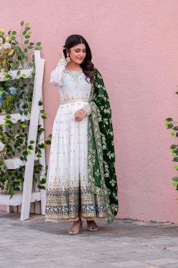 DESIGNER GEORGETTE EMBROIDERY SEQUENCE WORK WITH FANCY BORDER GOWN BOTTOM WITH DUPATTA WHITE AND GREEN