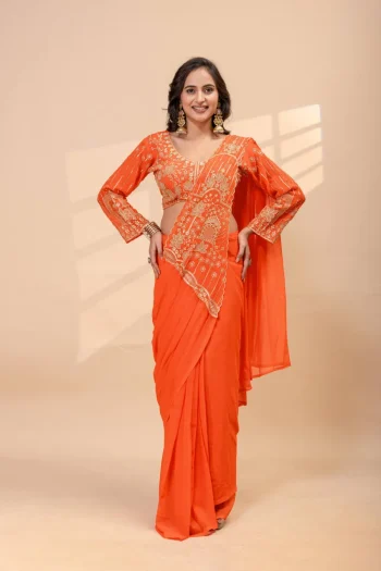 DESIGNER GEORGETTE EMBROIDERY THREAD & SEMI BEADS WORK READY TO WEAR SAREE WITH STITCHED BLOUSE ORANGE