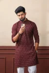 DESIGNER KHADI SILK SEQUENCE EMBROIDERY CHIKANKARI WORK MEN'S ONLY KURTA MAROON