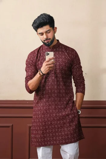 DESIGNER KHADI SILK SEQUENCE EMBROIDERY CHIKANKARI WORK MEN'S ONLY KURTA MAROON