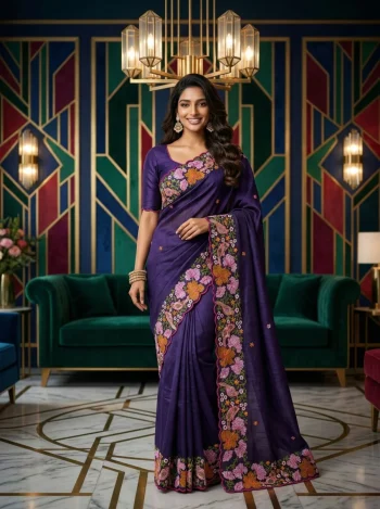 DESIGNER MANIPURI SILK MULTI COLOUR THREAD EMBROIDERY WITH CUTWORK SAREE WITH UNSTITCHED BLOUSE PURPLE