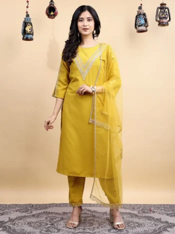 FANCY BLEND COTTON EMBROIDERY WORK TOP BOTTOM WITH DUPATTA YELLOW