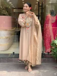 FANCY CHANDERI SILK SEQUENCE CODING EMBROIDERY WORK TOP BOTTOM WITH DUPATTA CREAM