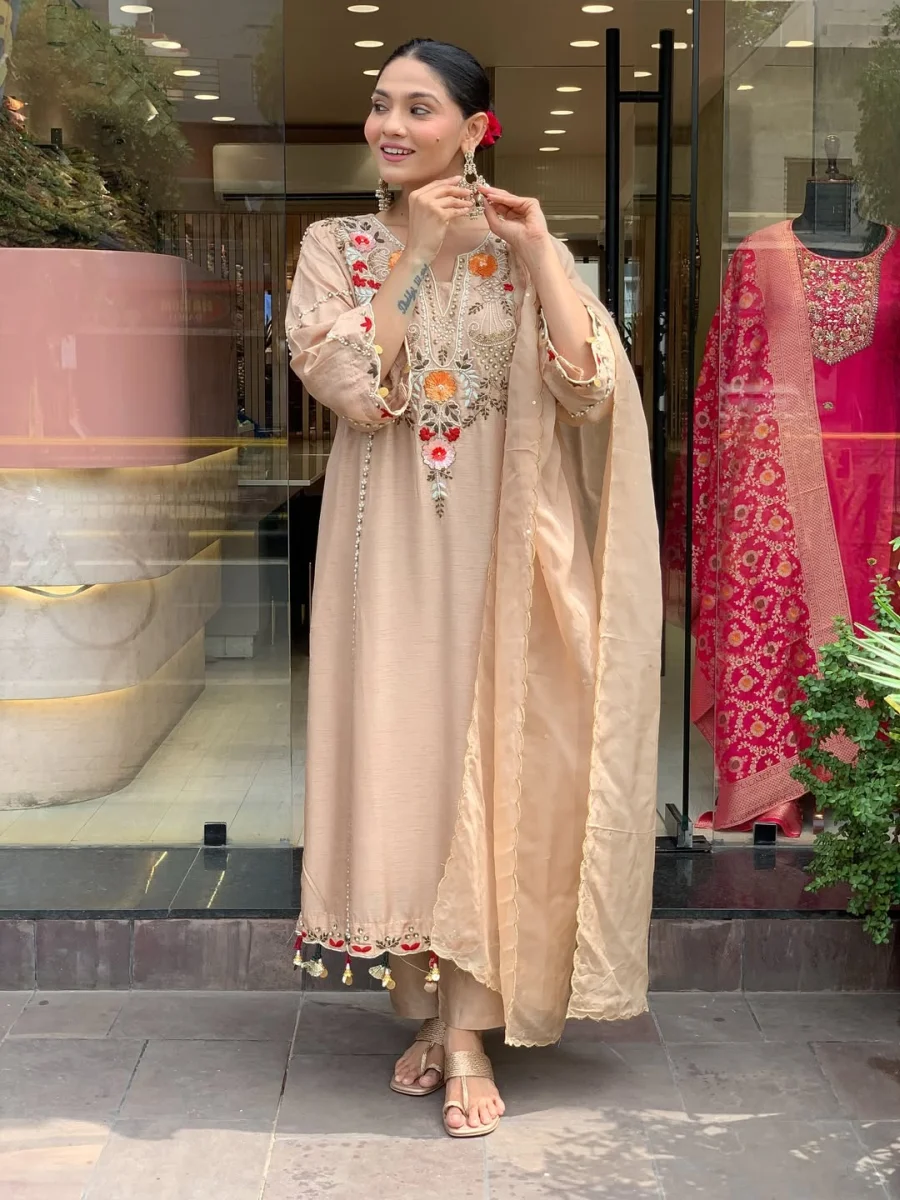 2FANCY CHANDERI SILK SEQUENCE CODING EMBROIDERY WORK TOP BOTTOM WITH DUPATTA FESTIVE WEAR WHOLESALE PRICE ETHNIC GARMENT (21)