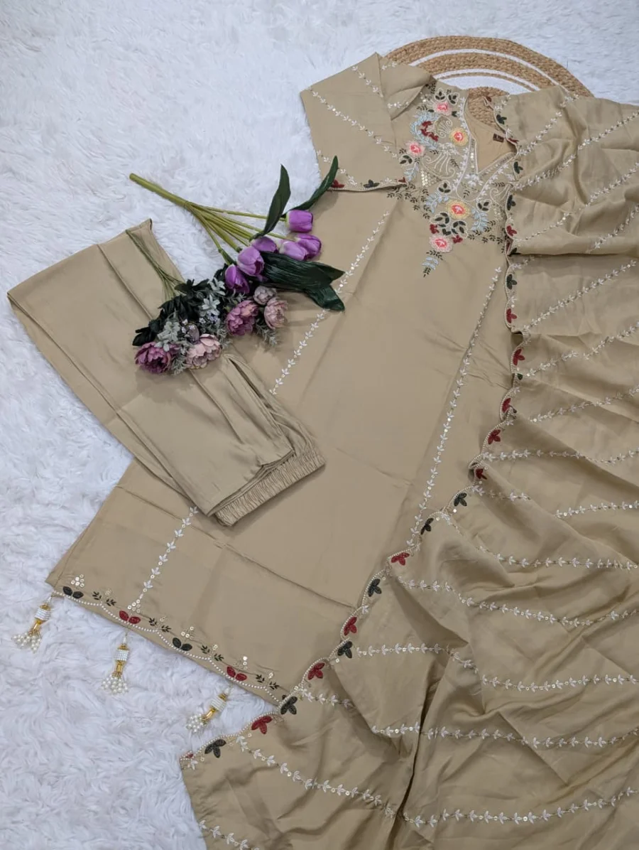 2FANCY CHANDERI SILK SEQUENCE CODING EMBROIDERY WORK TOP BOTTOM WITH DUPATTA FESTIVE WEAR WHOLESALE PRICE ETHNIC GARMENT (24)