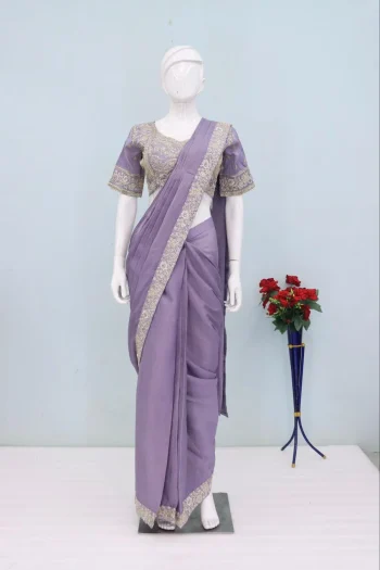 FANCY CHINON EMBROIDERY SEQUENCE WORK READY TO WEAR SAREE WITH STITCHED BLOUSE LAVENDER