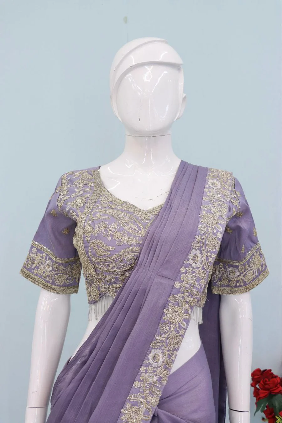 2FANCY CHINON EMBROIDERY SEQUENCE WORK READY TO WEAR SAREE WITH STITCHED BLOUSE WEDDING WEAR WHOLESALE PRICE ETHNIC GARMENT (9)