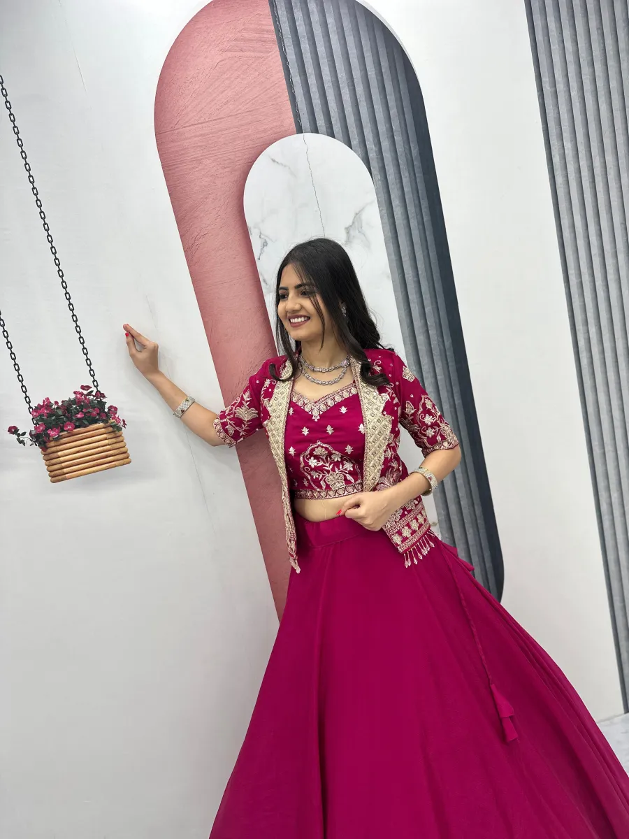 2FANCY CHINON EMBROIDERY THREAD AND SEQUENCE WORK LEHENGA CHOLI WITH JACKET WEDDING WEAR WHOLESALE PRICE ETHNIC GARMENT (24)