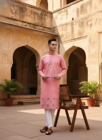 FANCY COTTON EMBROIDERY WORK MEN'S KURTA PAYJAMA BABY PINK