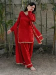 FANCY FENDY SATIN MIRROR AND MOTI WITH LACE BORDER WORK TOP PALAZZO WITH DUPATTA RED