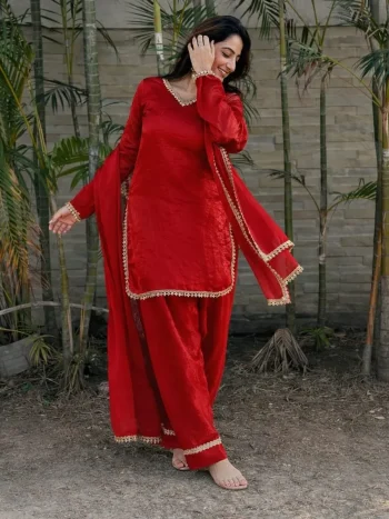 FANCY FENDY SATIN MIRROR AND MOTI WITH LACE BORDER WORK TOP PALAZZO WITH DUPATTA RED