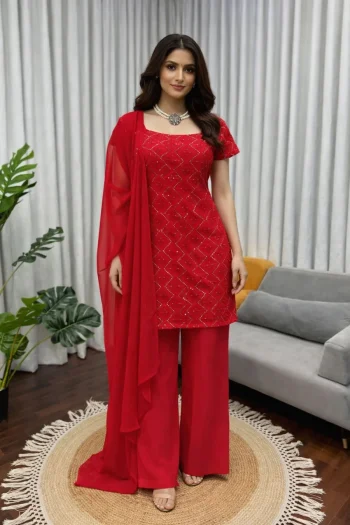 FANCY GEORGETTE CHIN SEQUENCE WORK TOP PALAZZO WITH DUPATTA RED