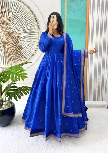 FANCY HANDLOOK COTTON ZARI WEAVING BUTTI WORK GOWN WITH DUPATTA BLUE