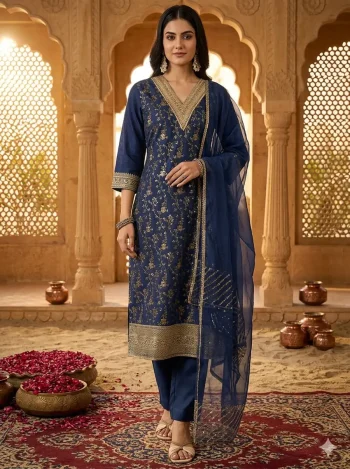FANCY JACQUARD WEAVING WORK TOP BOTTOM WITH DUPATTA NAVY BLUE