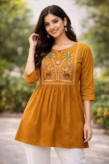 FANCY RAYON EMBROIDERY WORK  ONLY TOP YELLOW