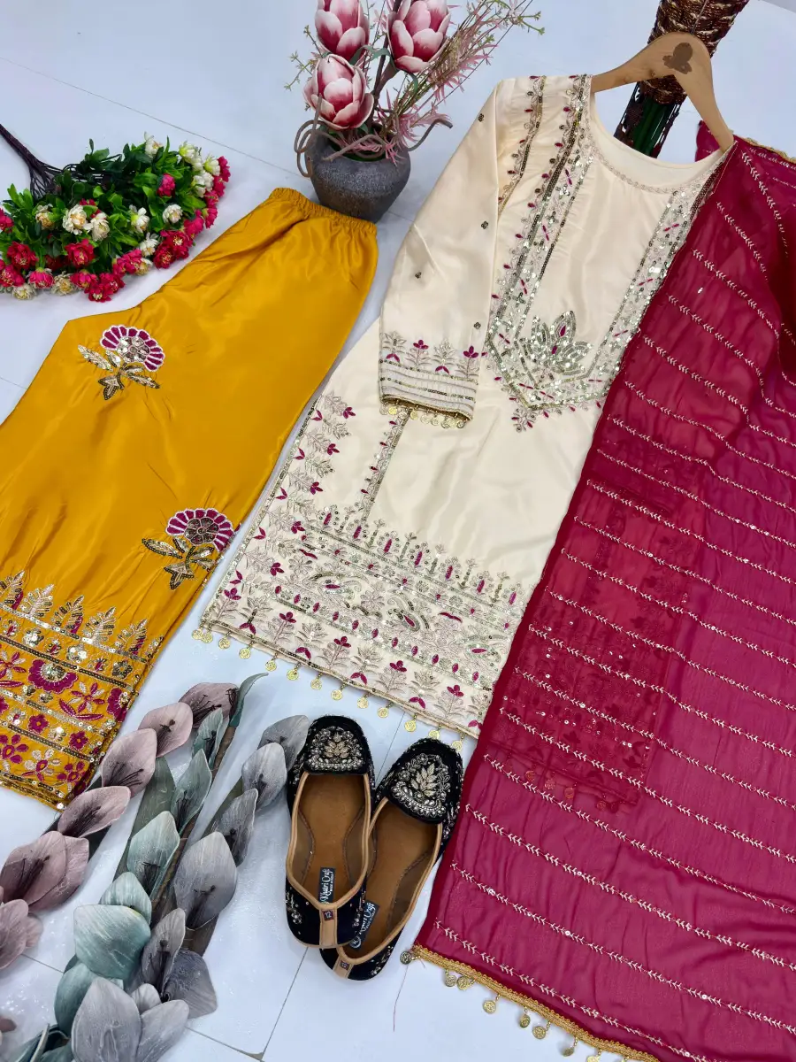 2FANCY SILK EMBROIDERY SEQUENCE WITH LACE BORDER WORK TOP PALAZZO WITH DUPATTA FESTIVE WEAR WHOLESALE PRICE ETHNIC GARMENT (18)