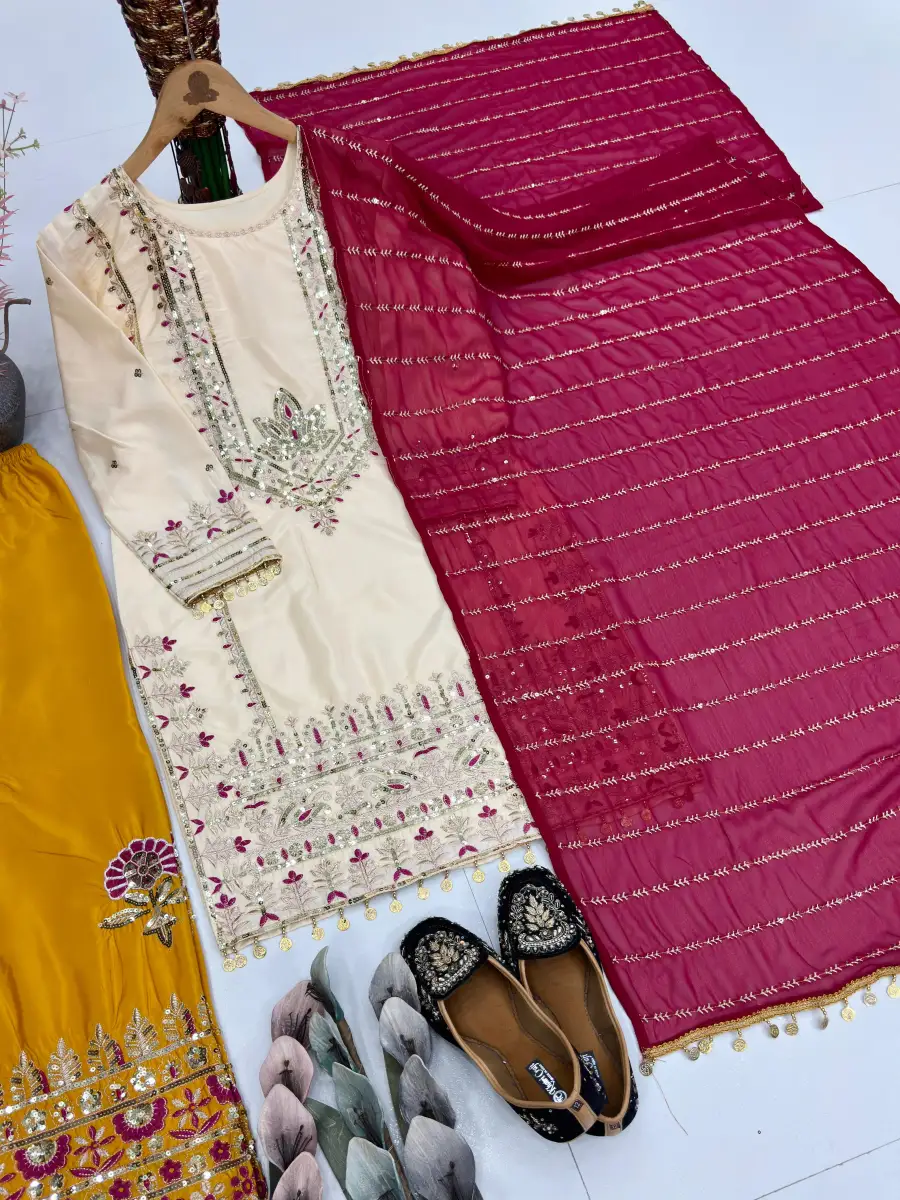 2FANCY SILK EMBROIDERY SEQUENCE WITH LACE BORDER WORK TOP PALAZZO WITH DUPATTA FESTIVE WEAR WHOLESALE PRICE ETHNIC GARMENT (19)