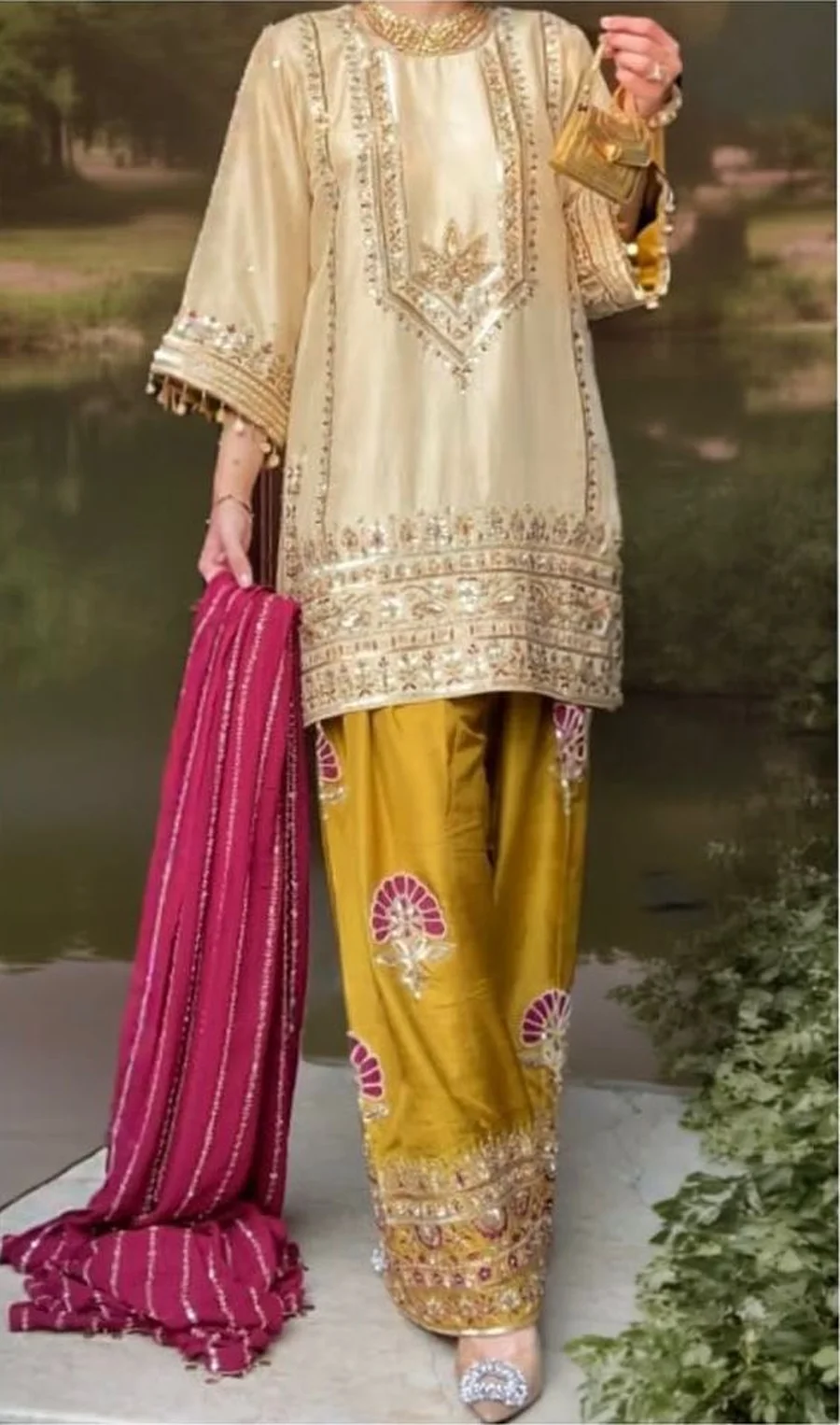 2FANCY SILK EMBROIDERY SEQUENCE WITH LACE BORDER WORK TOP PALAZZO WITH DUPATTA FESTIVE WEAR WHOLESALE PRICE ETHNIC GARMENT (20)