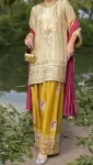 FANCY SILK EMBROIDERY   SEQUENCE WITH LACE BORDER WORK TOP PALAZZO WITH DUPATTA CREAM AND YELLOW