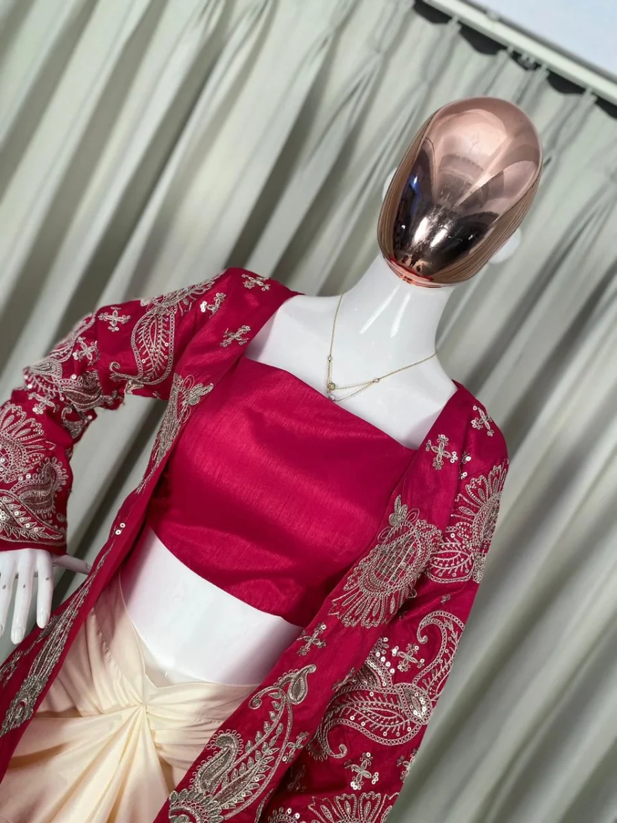 2MODERN BANGLORI SILK PLAIN DRAPED SKIRT AND BLOUSE WITH CODING WITH SEQUENCE EMBROIDERY WORK KOTI PARTY WEAR WHOLESALE PRICE ETHNIC GARMENT (4)